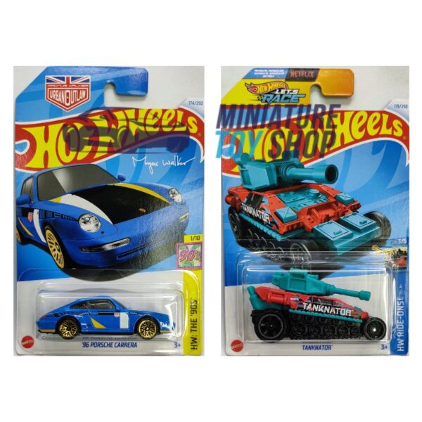 Hot Wheels 2024 Mainline '96 Porsche Carrera Blue and Tanknator Red Black